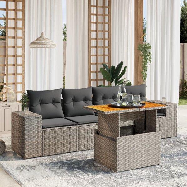 vidaXL 5-tlg. Garten-Sofagarnitur mit Kissen Grau Poly Rattan