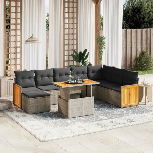 vidaXL 9-tlg. Garten-Sofagarnitur mit Kissen Grau Poly Rattan