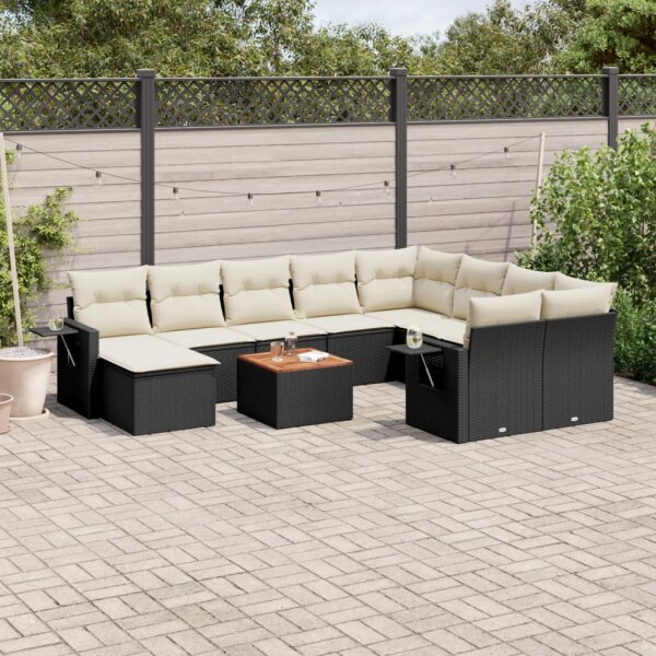 vidaXL 11-tlg. Garten-Sofagarnitur mit Kissen Schwarz Poly Rattan