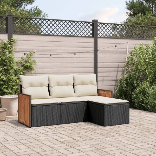 vidaXL 4-tlg. Garten-Sofagarnitur mit Kissen Schwarz Poly Rattan