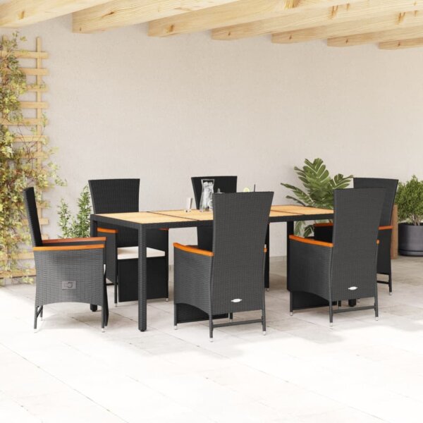 vidaXL 7-tlg. Garten-Essgruppe mit Kissen Schwarz Poly Rattan