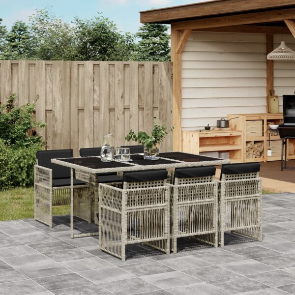 vidaXL 7-tlg. Garten-Essgruppe mit Kissen Hellgrau Poly Rattan