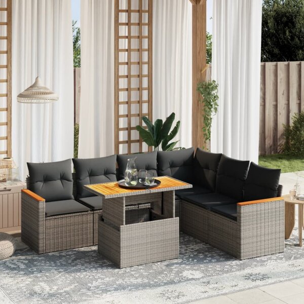 vidaXL 7-tlg. Garten-Sofagarnitur mit Kissen Grau Poly Rattan