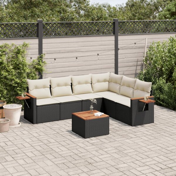 vidaXL 7-tlg. Garten-Sofagarnitur mit Kissen Schwarz Poly Rattan