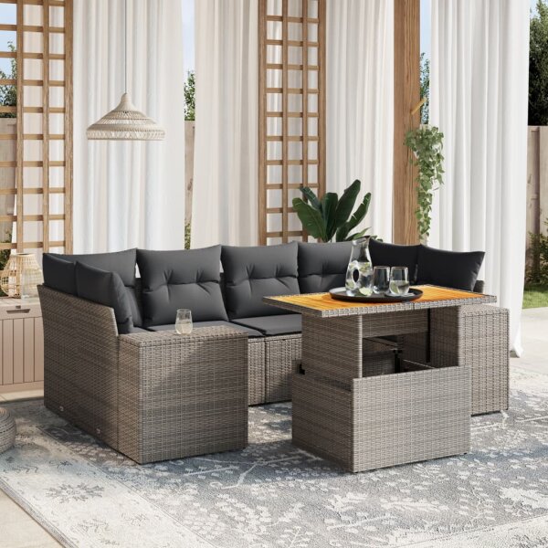 vidaXL 7-tlg. Garten-Sofagarnitur mit Kissen Grau Poly Rattan