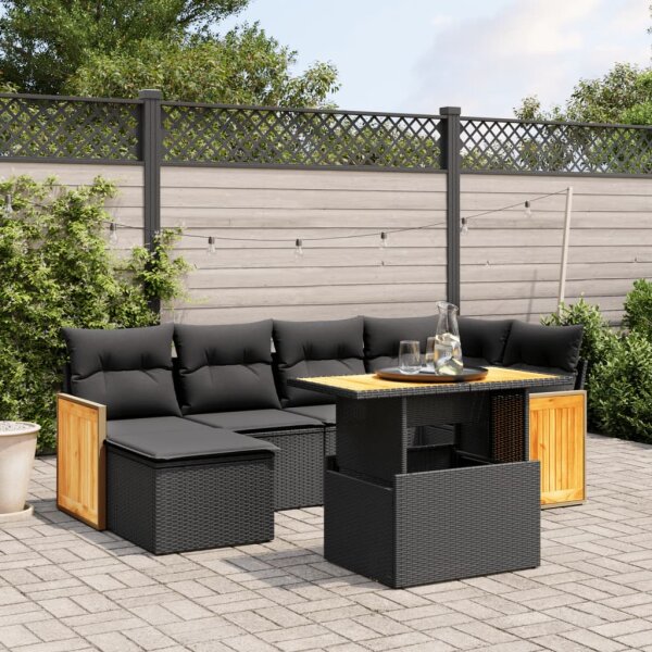 vidaXL 7-tlg. Garten-Sofagarnitur mit Kissen Schwarz Poly Rattan