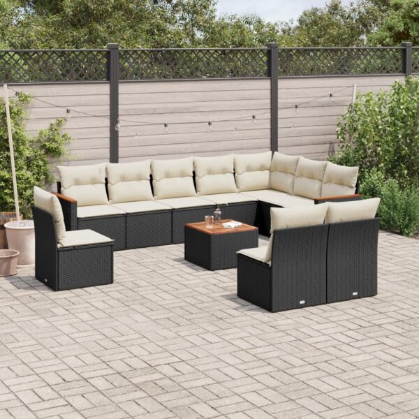 vidaXL 11-tlg. Garten-Sofagarnitur mit Kissen Schwarz Poly Rattan