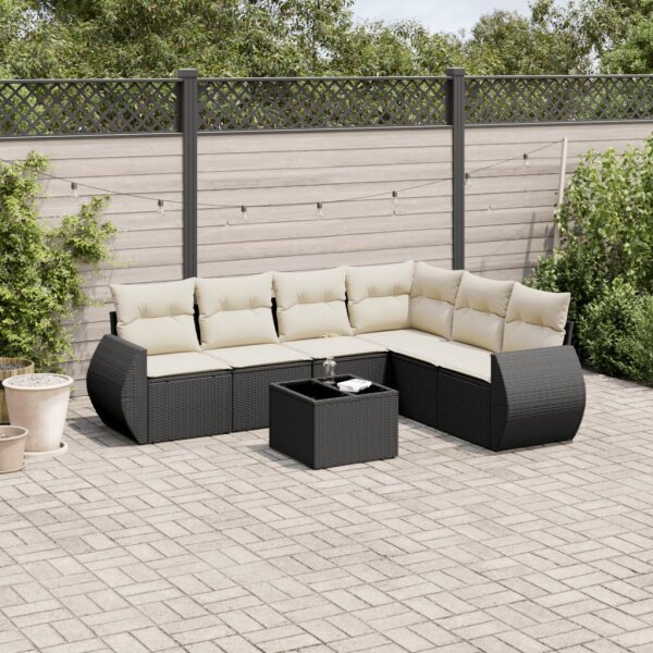 vidaXL 7-tlg. Garten-Sofagarnitur mit Kissen Schwarz Poly Rattan