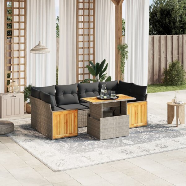 vidaXL 7-tlg. Garten-Sofagarnitur mit Kissen Grau Poly Rattan