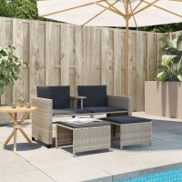 vidaXL Gartensofa 2-Sitzer mit Tisch und Hockern Hellgrau Poly Rattan