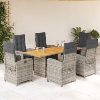 vidaXL 7-tlg. Garten-Essgruppe mit Kissen Grau Poly Rattan