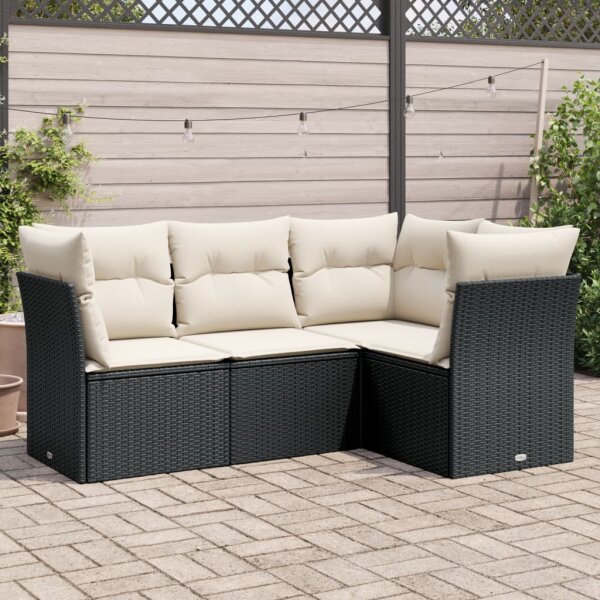 vidaXL 4-tlg. Garten-Sofagarnitur mit Kissen Schwarz Poly Rattan