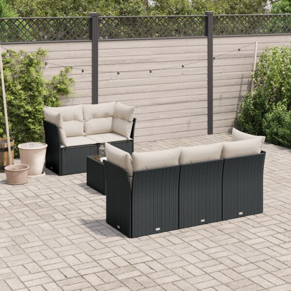 vidaXL 7-tlg. Garten-Sofagarnitur mit Kissen Schwarz Poly Rattan