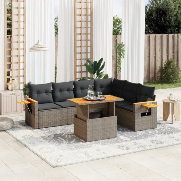 vidaXL 7-tlg. Garten-Sofagarnitur mit Kissen Grau Poly Rattan