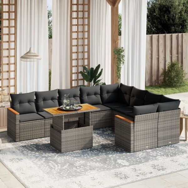 vidaXL 10-tlg. Garten-Sofagarnitur mit Kissen Grau Poly Rattan