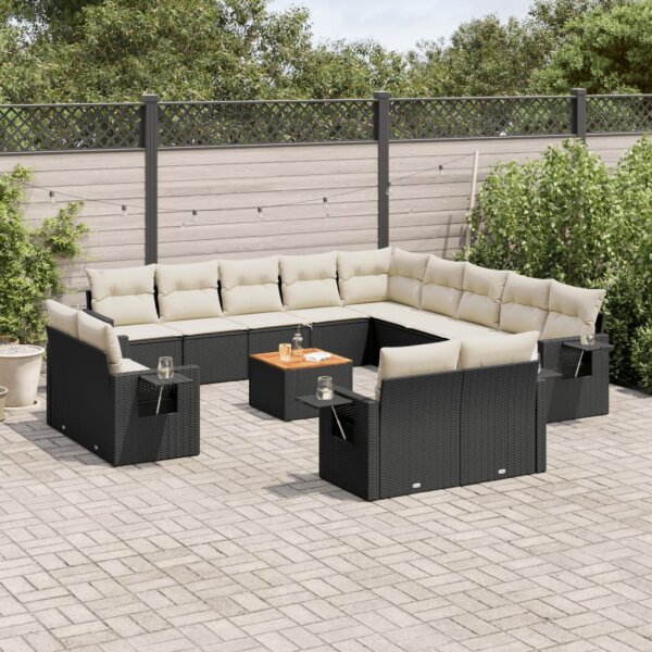 vidaXL 14-tlg. Garten-Sofagarnitur mit Kissen Schwarz Poly Rattan