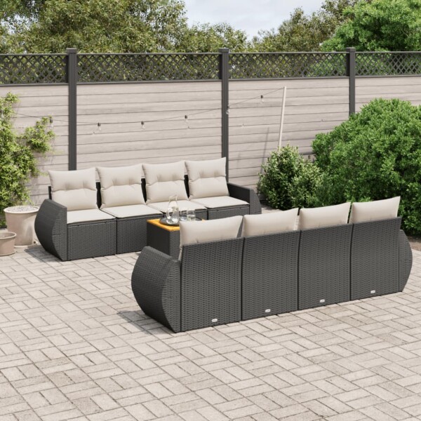 vidaXL 9-tlg. Garten-Sofagarnitur mit Kissen Schwarz Poly Rattan