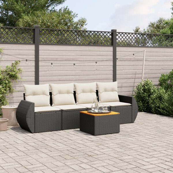 vidaXL 5-tlg. Garten-Sofagarnitur mit Kissen Schwarz Poly Rattan