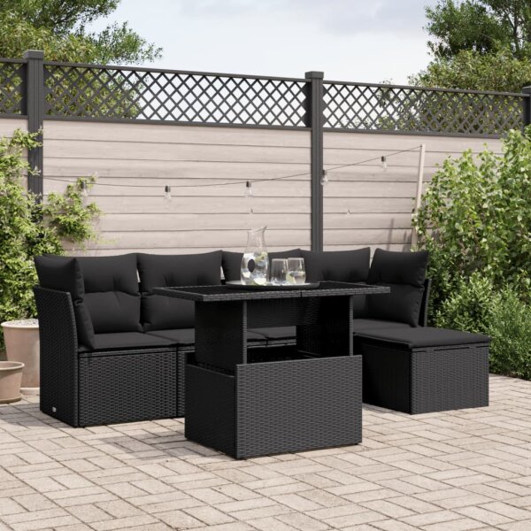 vidaXL 6-tlg. Garten-Sofagarnitur mit Kissen Schwarz Poly Rattan