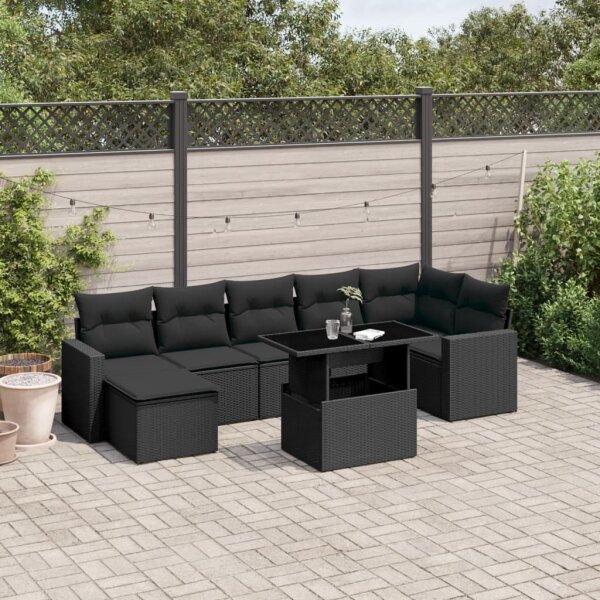 vidaXL 8-tlg. Garten-Sofagarnitur mit Kissen Schwarz Poly Rattan