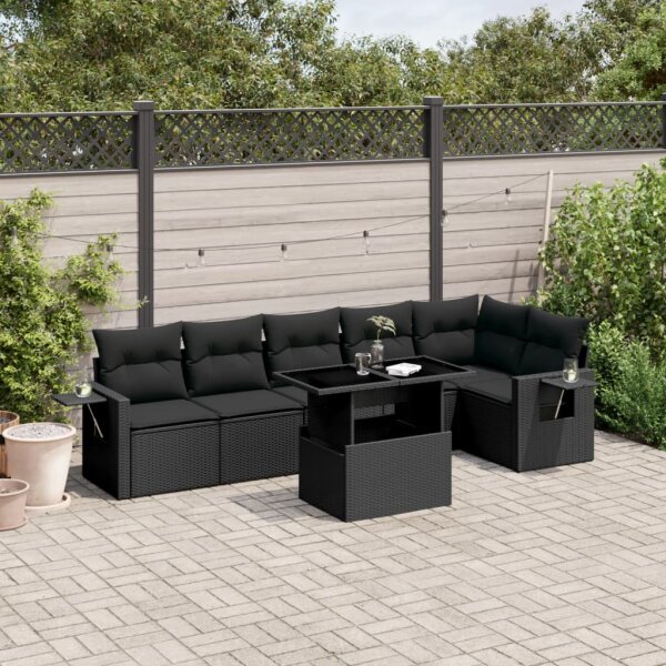 vidaXL 7-tlg. Garten-Sofagarnitur mit Kissen Schwarz Poly Rattan