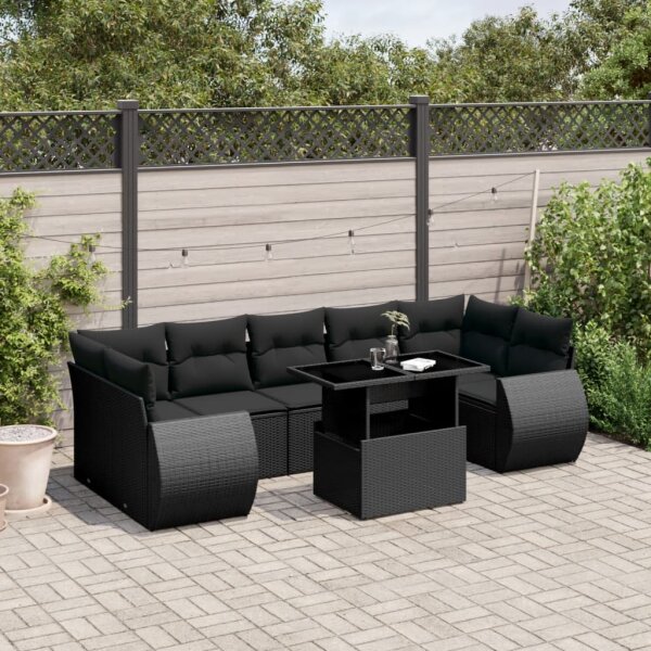 vidaXL 8-tlg. Garten-Sofagarnitur mit Kissen Schwarz Poly Rattan