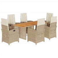 vidaXL 7-tlg. Garten-Essgruppe mit Kissen Beige Poly Rattan