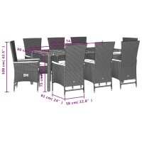 vidaXL 9-tlg. Garten-Essgruppe mit Kissen Schwarz Poly Rattan