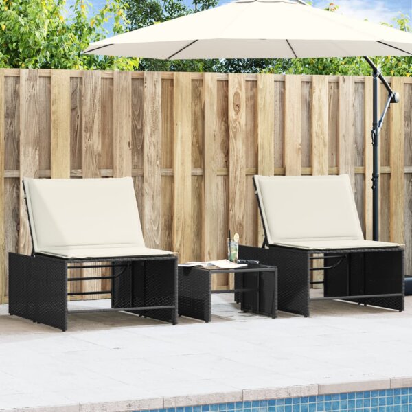 vidaXL Sonnenliegen 2 Stk. mit Tisch Schwarz Poly Rattan