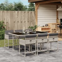 vidaXL 7-tlg. Garten-Essgruppe mit Kissen Hellgrau Poly Rattan