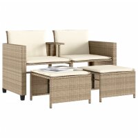 vidaXL Gartensofa 2-Sitzer mit Tisch und Hockern Beige Poly Rattan