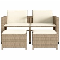 vidaXL Gartensofa 2-Sitzer mit Tisch und Hockern Beige Poly Rattan