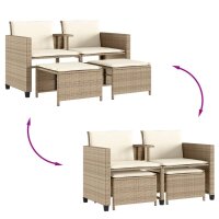 vidaXL Gartensofa 2-Sitzer mit Tisch und Hockern Beige Poly Rattan