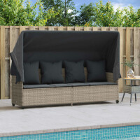 vidaXL Sonnenliege mit Dach und Kissen Hellgrau Poly Rattan