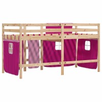 vidaXL Kinderhochbett mit Vorh&auml;ngen Rosa 90x200 cm Massivholz Kiefer