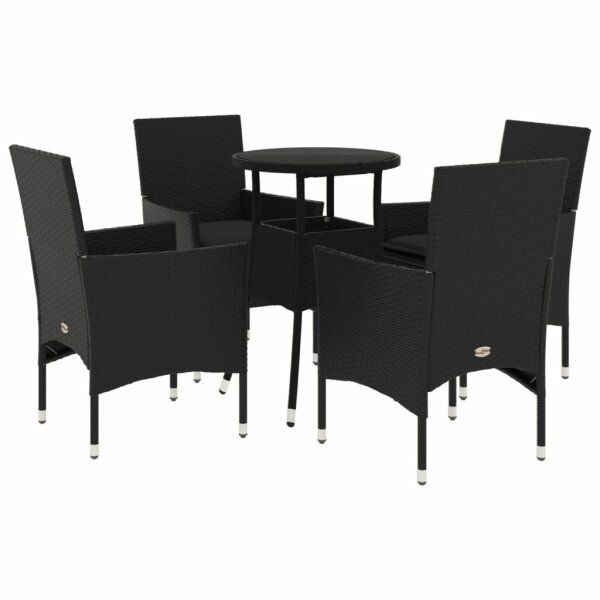 vidaXL 5-tlg. Garten-Essgruppe mit Kissen Schwarz Poly Rattan und Glas