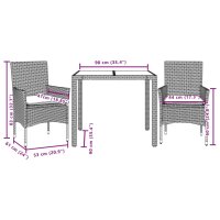 vidaXL 3-tlg. Garten-Essgruppe mit Kissen Grau Poly Rattan und Glas