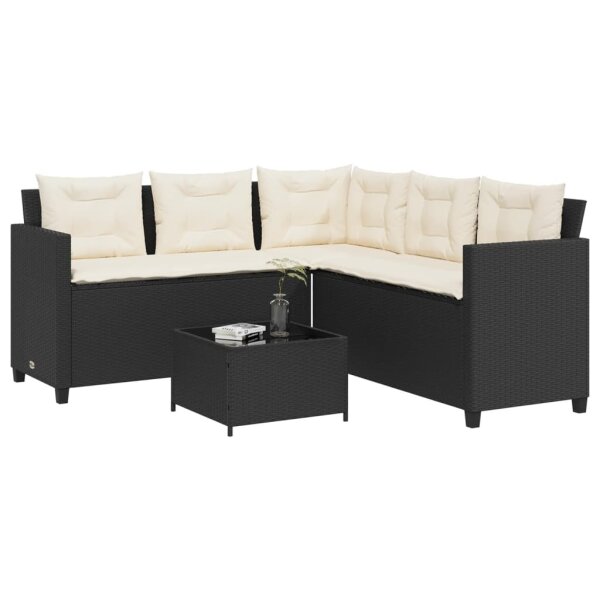 vidaXL Gartensofa in L-Form mit Tisch und Kissen Schwarz Poly Rattan