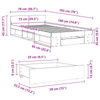 vidaXL Bettgestell mit Schublade Betongrau 75x190 cm Holzwerkstoff