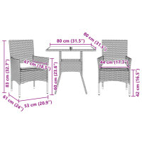 vidaXL 3-tlg. Garten-Essgruppe mit Kissen Grau Poly Rattan und Glas