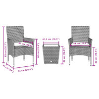 vidaXL 3-tlg. Bistro-Set mit Kissen Grau Poly Rattan und Glas