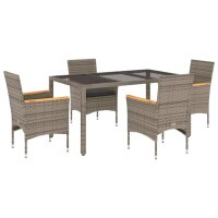 vidaXL 5-tlg. Garten-Essgruppe mit Kissen Grau Poly Rattan und Glas