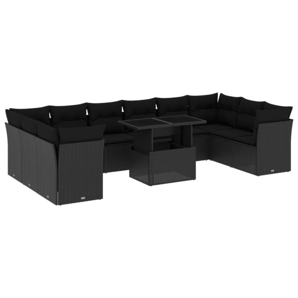 vidaXL 11-tlg. Garten-Sofagarnitur mit Kissen Schwarz Poly Rattan