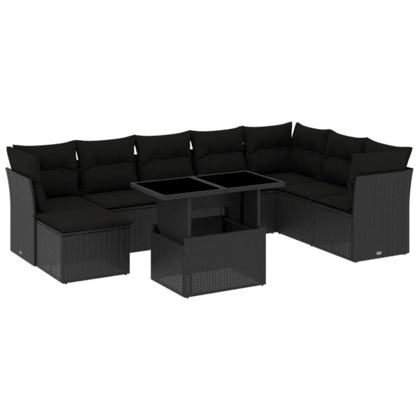 vidaXL 9-tlg. Garten-Sofagarnitur mit Kissen Schwarz Poly Rattan