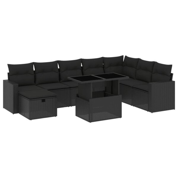 vidaXL 9-tlg. Garten-Sofagarnitur mit Kissen Schwarz Poly Rattan