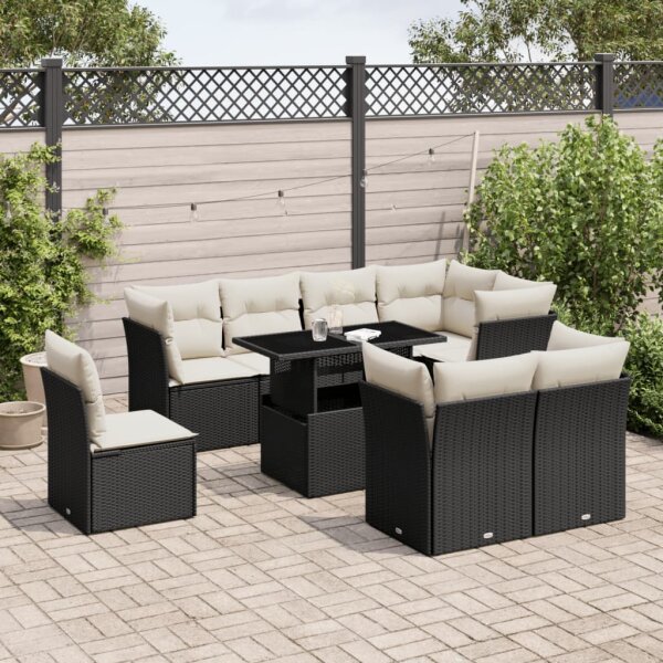 vidaXL 9-tlg. Garten-Sofagarnitur mit Kissen Schwarz Poly Rattan