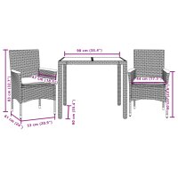 vidaXL 3-tlg. Garten-Essgruppe mit Kissen Grau Poly Rattan und Glas