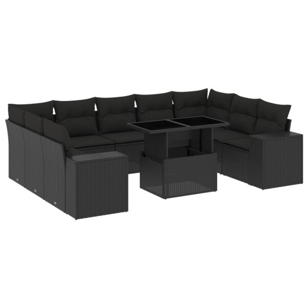 vidaXL 10-tlg. Garten-Sofagarnitur mit Kissen Schwarz Poly Rattan