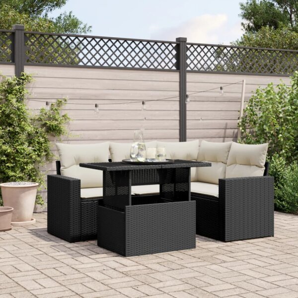 vidaXL 5-tlg. Garten-Sofagarnitur mit Kissen Schwarz Poly Rattan