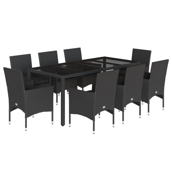 vidaXL 9-tlg. Garten-Essgruppe mit Kissen Schwarz Poly Rattan und Glas